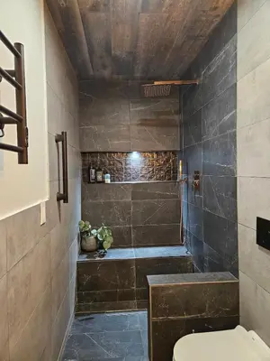 a bathroom with a shower and a toilet in it at New- Farm view-Winter escape with cozy fireplace in Lake Katrine