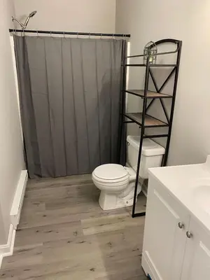a bathroom with a toilet and a shower curtain at Private Apartment in Southbury 103 in Southbury