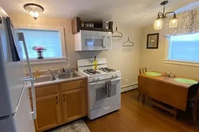 a kitchen with a sink and a stove top oven at Cozy Cottage in the Catskills! in Oak Hill