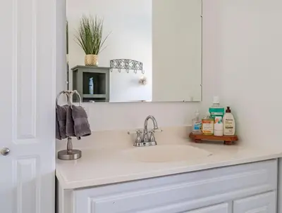 a bathroom with a sink and a mirror at The Meyer spacious family home with hot tub in New Paltz