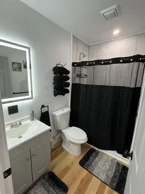 a bathroom with a toilet and a sink and a shower at Twin pines 3 in Northville