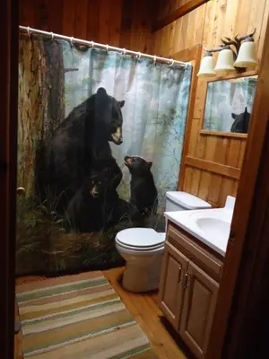 a bathroom with a black bear shower curtain at 4BR ski on ski off Hunter Mountain Highlands Condo in Hunter