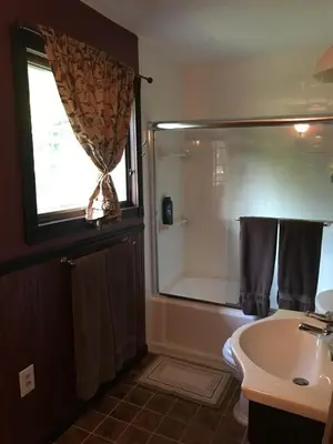 a bathroom with a shower and a sink and a tub at 4BR ski on ski off Hunter Mountain Highlands Condo in Hunter