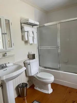a bathroom with a shower and a toilet and a sink at White hollow farm in Salisbury