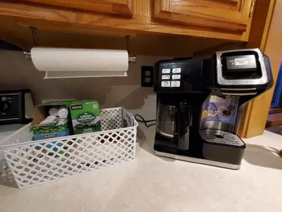 a coffee maker sitting on top of a kitchen counter at Pleasant Brook Cottage in Roxbury