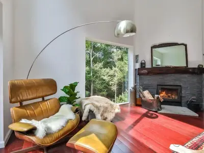 two dogs sitting in a living room with a fireplace at Unique and Private 25ft Waterfall House in Hunter in Elka Park