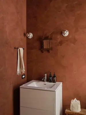 a bathroom with a white sink and a brown wall at Modern Mountain Retreat with Hot Tub in Fleischmanns