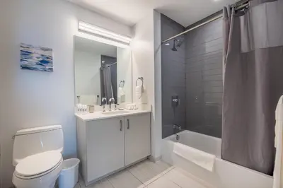 a bathroom with a toilet and a sink and a tub at Luxury 2 BR Apt with Gym in Stamford