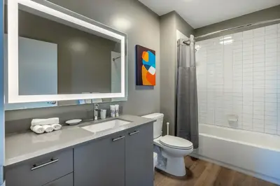 a bathroom with a sink and a toilet and a mirror at Spacious Harbor Apt with Balcony in South End