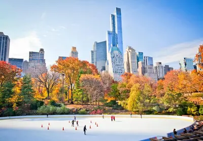 a large rink in a park with a city in the background at New2 York Style Stay near Central Park in New York