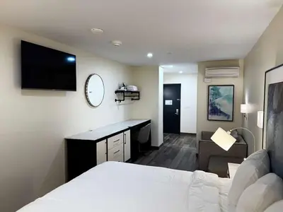 a bedroom with a bed and a desk and a television at Nova Hotel JFK in Hillside