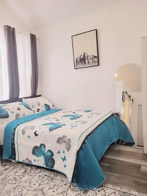 a bedroom with a bed with a comforter on it at Private studio guesthouse in Watertown CT in Watertown