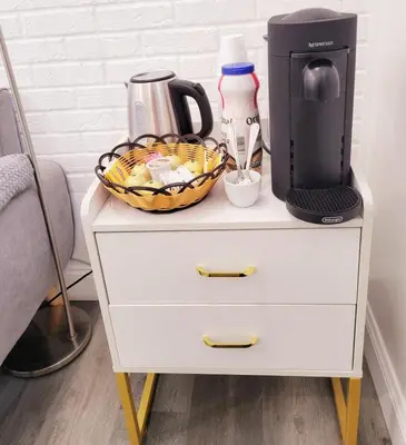 a white dresser with a coffee maker on top of it at Private studio guesthouse in Watertown CT in Watertown
