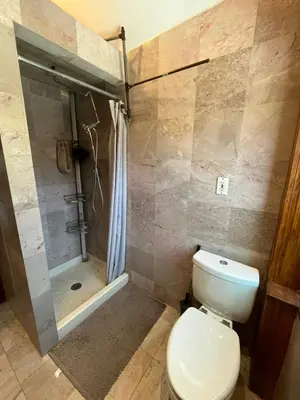 a bathroom with a toilet and a shower at Grand 2BR near MetroNorth with easy parking in Yonkers