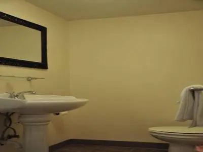 a bathroom with a sink and a toilet and a mirror at Countryside Motel in Fishkill