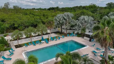 an overhead view of a pool with chairs and palm trees at MA25188C-103 in New York