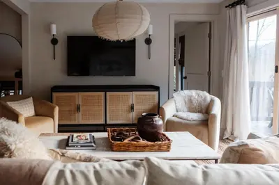 a living room with a couch and a table at The Bend in Phoenicia