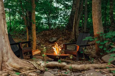 a fire pit and two chairs in a forest at The Bend in Phoenicia