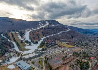 an aerial view of a river and a mountain at Heaven on Hunter in Hunter