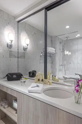 a bathroom with a sink and a large mirror at The Tillary Hotel Brooklyn in Brooklyn