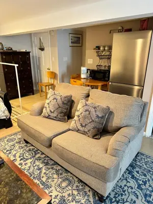 a living room with a couch and a refrigerator at Fresh Meadow Studio in Utopia