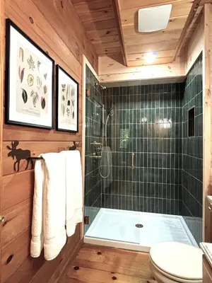 a bathroom with a green tiled shower and a toilet at Waterfront Secluded Log Cabin in Beach Lake