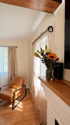 a vase of flowers sitting on top of a fireplace at Stay Near Ski Berkshires, Mid-Week & Promo Deals! in New Lebanon