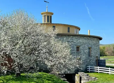 an apple tree in front of a building with a tower at Stay Near Ski Berkshires, Mid-Week & Promo Deals! in New Lebanon