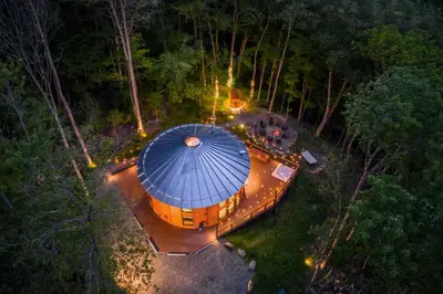 an overhead view of a circular building with lights at Mount Snow Yurt - Hot Tub, Wood Stove, WiFi, EVcharger in Dover