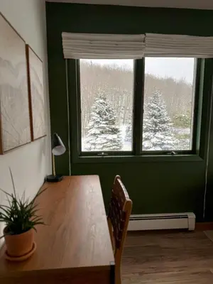 a room with a table and a window with snow covered trees at Cozy Lux Mountain Lodge Hot Tub Mtn Views Skiing in Jewett