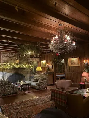 a living room with a stone fireplace and furniture at Cozy Lux Mountain Lodge Hot Tub Mtn Views Skiing in Jewett