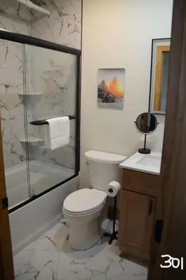 a bathroom with a toilet and a glass shower at Luxury 1 Bedroom Lodge Unit 301 in Wilmington
