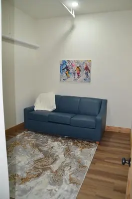 a blue couch in a living room with a painting at Luxury TownHome 106 in Wilmington