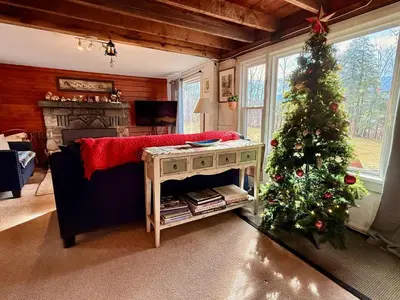 a living room with a christmas tree in a room at 1894 Catskills Farmhouse Retreat in Tannersville