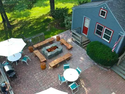 an aerial view of a patio with tables and chairs at 6BD 3BA - Mount Snow VT - Ski-Back Trail - Shuttle in Dover