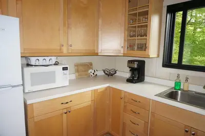 a kitchen with a white microwave and a sink at 6BD 3BA - Mount Snow VT - Ski-Back Trail - Shuttle in Dover