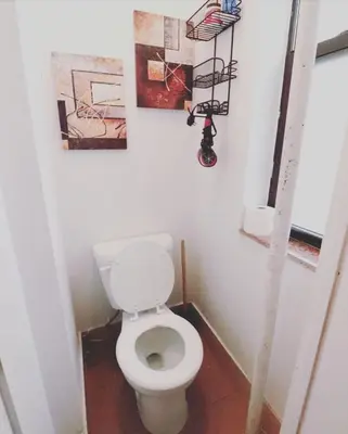 a bathroom with a toilet and paintings on the wall at Quirky & Cozy Loft SoHo Little Italy - Sleeps 4 in New York