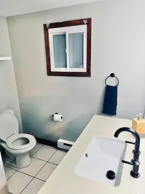 a bathroom with a toilet and a sink at 24 Serenity A Lakefront Cottage Retreat in Middletown