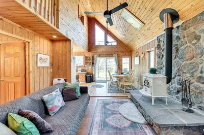 a living room with a couch and a stove at 3 Mi to Catskill Trail Stamford Cottage with Views in Stamford