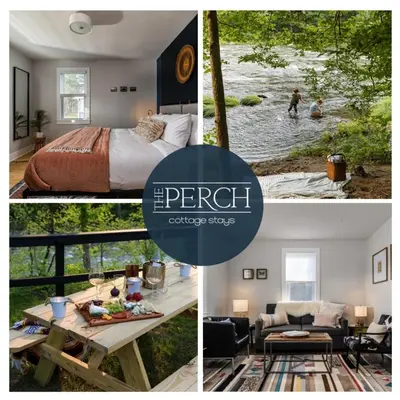 a collage of pictures of a bedroom and a living room at Perch Cottages #9 - Creek Access, Sauna, Mt views in Boiceville