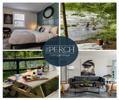 a collage of pictures of a bedroom and a living room at Perch Cottages #11 - Creek Access, Sauna, Mt views in Boiceville