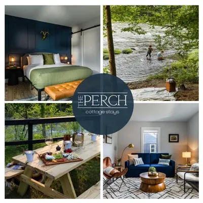 a collage of pictures of a bedroom and a living room at Perch Cottages #13 - Creek Access, Sauna, Mt views in Boiceville