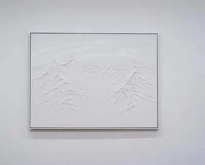 a framed picture of mountains on a white wall at Peaceful Catskills Creek House in Saugerties