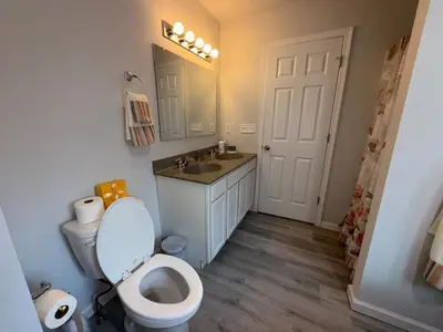 a bathroom with a toilet and a sink and a mirror at Pocono Escape - Modern & Cozy in Pocono Summit