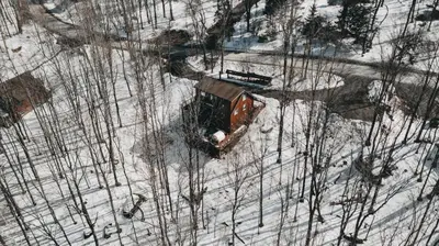 an aerial view of a house in the snow at Colonels Cabin Sauna, Fireplace, Mountain Views in Lanesville