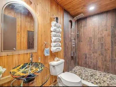 a wooden bathroom with a toilet and a sink at Cabin Retreat with Hot Tub in Pocono Country Place