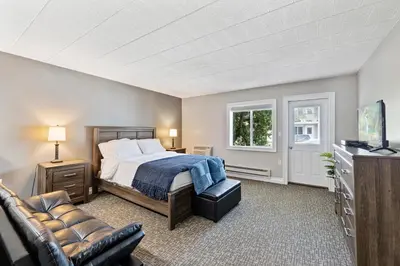 a bedroom with a bed and a couch and a television at Chic New York Studio with Kitchen in Hyde Park