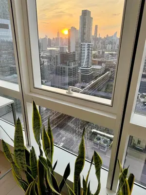 a plant in a window with a view of a city at 1 Stop to Midtown Amazing View Luxury High Rise Corner 1 Bedroom Apartment in Sunnyside