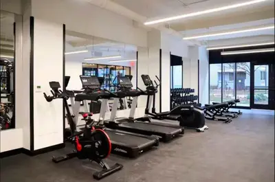 a gym with several treadmills and exercise bikes at NEW Modern 2BR w Fireplace & Fitness Lounge, Live Comfortably in East Harlem in New York