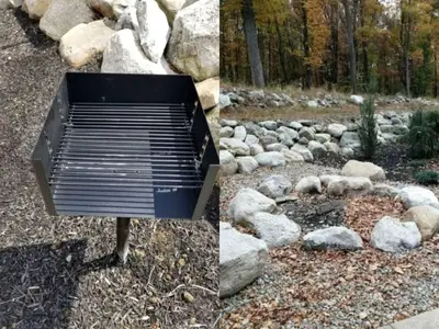 two pictures of a fire pit in a garden at Glamorous Cottage Rental with Outdoor Lounge and Pool on 40 Acres in Pine Bush, New York in Pine Bush